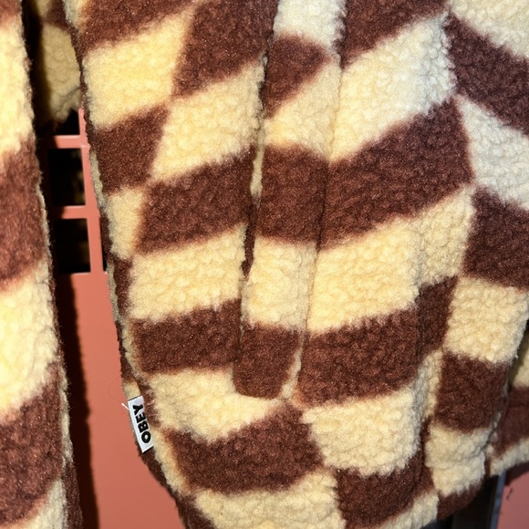 Women’s OBEY Wavy Check Popover fleece Jacket. Size Small. Brown / yello… - Picture 7 of 8